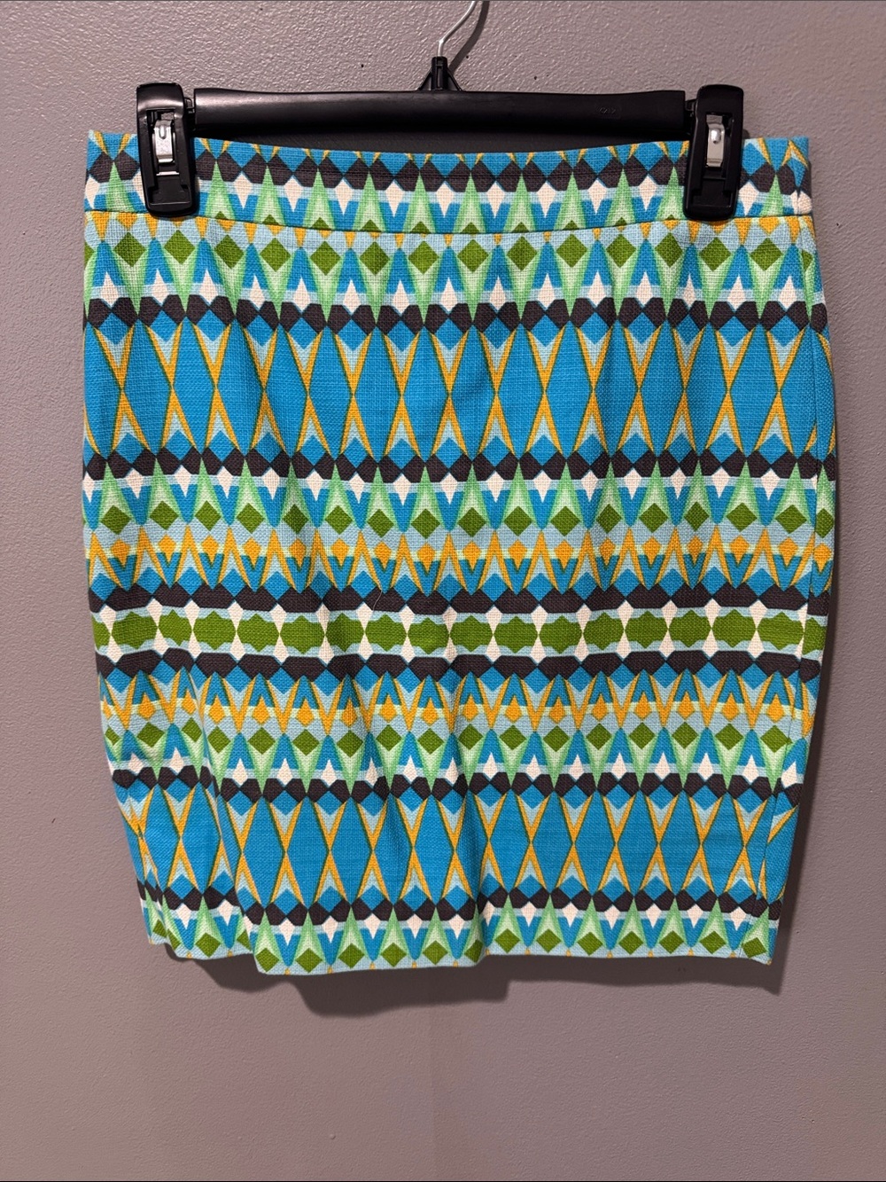 J. Crew Blue, Green & Yellow Geometric Knit Pencil Skirt